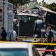 A destroyed LAPD armored tractor-trailer seen after the agency's questionably competent bomb squad detonated way too many fireworks in a South Los Angeles neighborhood, seen here on July 1, 2021.